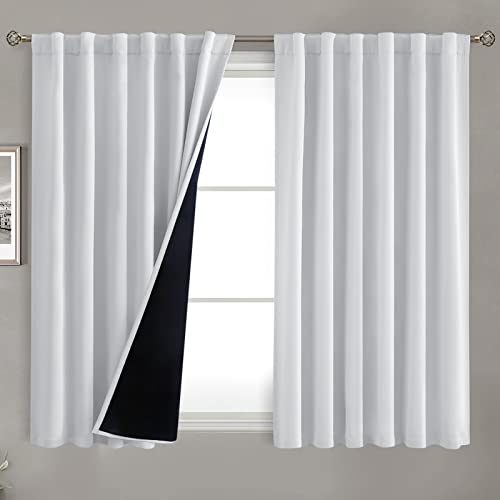 BGment Greyish White 100% Blackout Curtains 54 Inches Long with Black Liner, Rod Pocket and Back Tab Double Layer Room Darkening Thermal Window Curtains for Bedroom, 2 Panels, Each 52 x 54 Inch