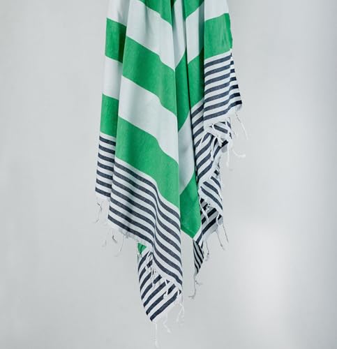 Luxurious fouta Beach Towel, 100% Cotton, 100 x 180 cm, Highly Absorbent, Soft and Washable, Dark Blue, Green and White Stripes