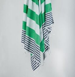 Luxurious fouta Beach Towel, 100% Cotton, 100 x 180 cm, Highly Absorbent, Soft and Washable, Dark Blue, Green and White Stripes
