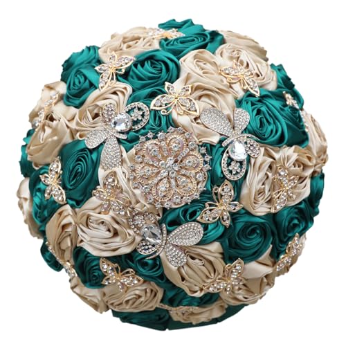 "Mhojpik Handmade Wedding Flowers Bouquet Round Holding Bridal Bouquet Toss Artificial Rose Bunch for Bride Bridesmaid Wedding Quinceanera (Dark Green & Camel Brown, 7.5"")"