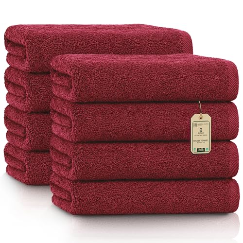 GREEN MARK Hand Towels - Set of 8 – 100% Cotton, Soft & Absorbent, Premium Quality for Bathroom, Spa and Gym, 50 × 100 cm, Burgundy Red