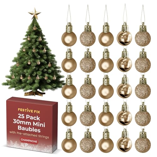 Festive Fix 25 Champagne Mini Christmas Baubles – Shatterproof, Lightweight Small Tree Decorations for Xmas, Home, Party & Festive Displays