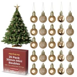 Festive Fix 25 Champagne Mini Christmas Baubles – Shatterproof, Lightweight Small Tree Decorations for Xmas, Home, Party & Festive Displays