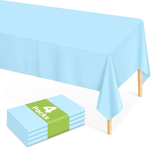 Mulbozy Light Blue Plastic Table Cloth Disposable 4 Pack, 54 ?? 108 Inch Tablecloths Rectangle, Baby Blue Plastic Table Cover for Party Decor
