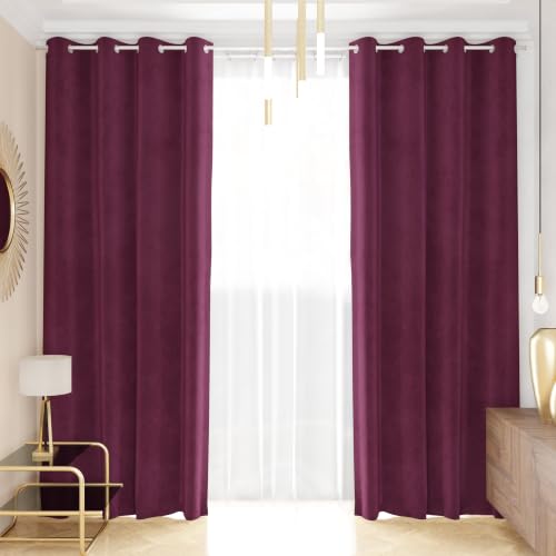 PETTI Artigiani Italiani Velvet Curtains, Pair of 2 Panels 140x280 cm Each with Eyelets for Living Room and Bedroom, Plum, Made in Italy