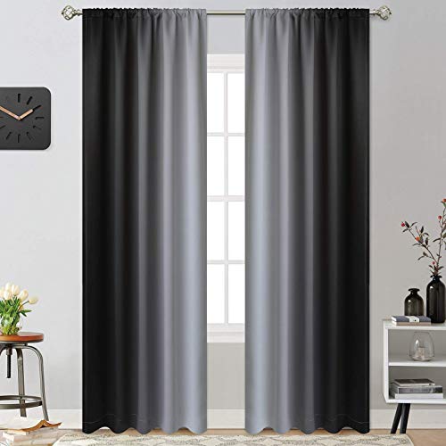 Yakamok 84 Inch Length Room Darkening Ombre Curtains for Bedroom, Rod Pocket Light Blocking Thermal Insulated Gradient Color Curtains for Living Room(Black and Greyish White, 2 Panels,52W x 84L Inch)