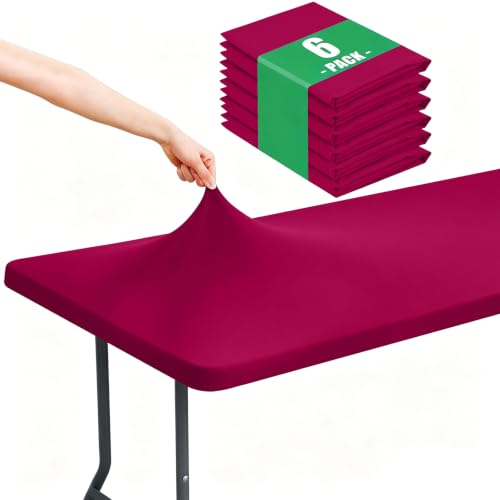 "Moosfor Spandex 8 Foot Rectangle Table Cloth 6 Pack, Elastic Fitted Tablecloths for Picnic, Stretch Washable Patio Table Cover for Outdoor, Camping, Banquet and Parties (Fuchsia, 30""x96"")"