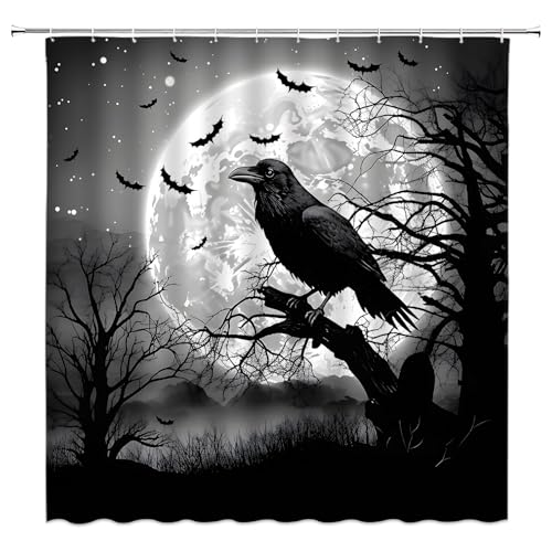 AEMBEE Halloween Shower Curtain Black Crow Bats in Creepy Full Moon Night Gothic Blood Horror Scary Spooky Mysterious Fabric Decorative Bathroom Curtains with Hooks,Gray Black