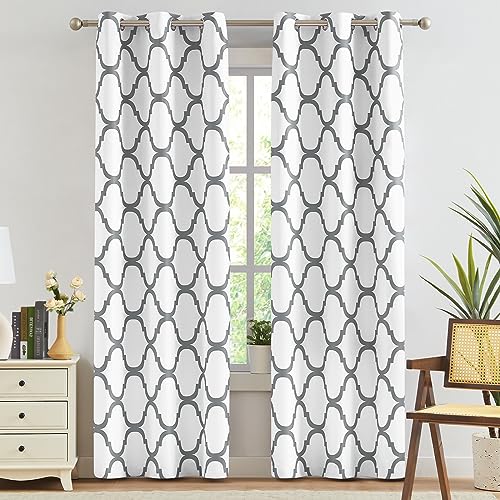Melodieux Moroccan Fashion Thermal Insulated Room Darkening Blackout Grommet Curtains for Living Room, 42 by 84 Inch, Off White/Grey (2 Panels)