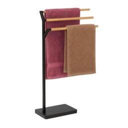 Relaxdays freestanding towel rail, HWD: 75 x 38.5 x 18 cm, metal, bamboo, 3 bars, bathroom, black/natural