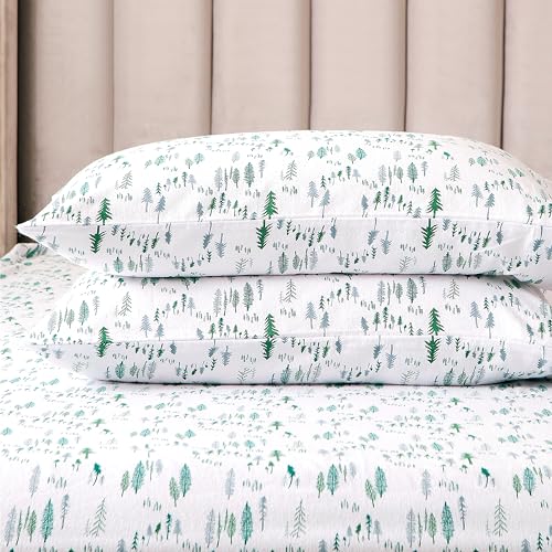 Elegant Comfort Ultra Soft 4-Piece 100% Turkish Cotton Flannel Sheet Set - Holiday Christmas Flannel Sheets, Warm and Cozy Premium Quality, Deep Pocket Fitted Sheet- Full, Green Pine