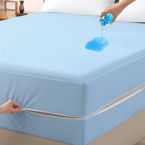 Mattress Protector 48x75 3/4 Full Bunk ??? 100% Waterproof Zippered Cover, 8-Inch Deep, Six-Sided Encasement for Camper & Travel Trailer Beds (Light Blue)