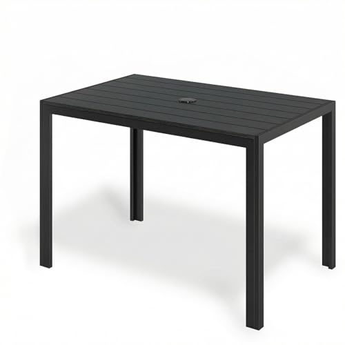 Clevich Garden Dining Table with Parasol Hole 110×70cmx73cm, Weatherproof Outdoor Table with WPC Slatted Tabletop, Aluminum Frame, Rectangular Table for Balcony/Backyard/Terrace (Seats 6, Black)