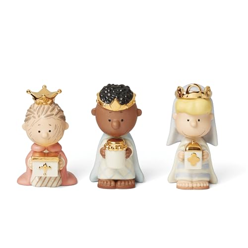 Lenox 895923 Peanuts Christmas Pageant 3 Kings Figurines - porcelain with 24k gold accents - includes 3 figurines - peanuts nativity collectible gift - 4 inch, gift for women