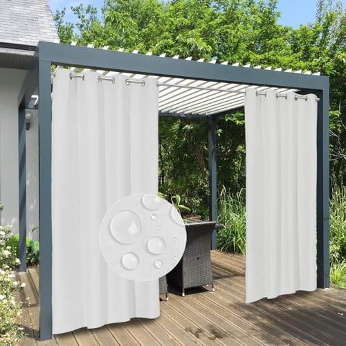 Easy-Going 100% Waterproof Outdoor Curtains Windproof Weatherproof Porch Curtains, Premium Thick Outdoor Privacy Grommet Top Panels for Patio, Gazebo and Pergola, 2 Panels, 54x84 inch, White