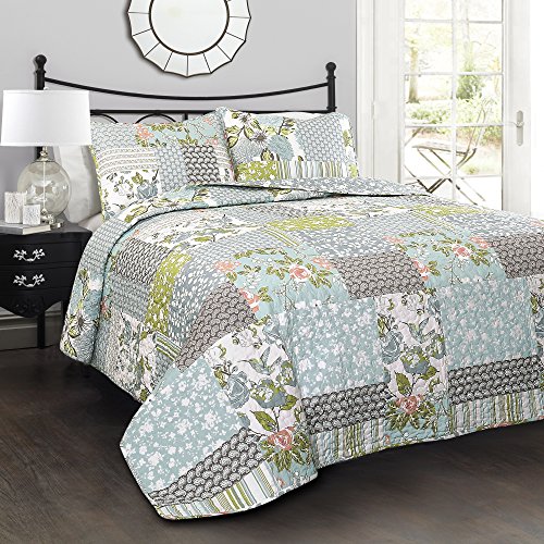Lush Decor Roesser Quilt - Patchwork Floral Reversible Print Pattern Country Farmhouse Style 3 Piece Bedding Set-Full Queen-Blue, Cotton