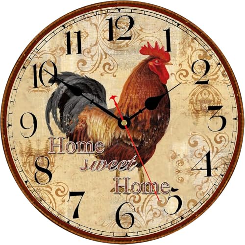 TAHEAT Wall Clock, Vintage Country Rustic Rooster Clock, Unusual Silent Non Ticking Battery Operated Wood 12 Inch Wall Clock for Kitchen Living Room Bedroom Office