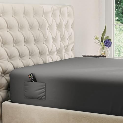 DREAMCARE King Fitted Sheet Only - Extra Deep Pocket Fitted Sheet - Fits up to 21 inch Mattress - Deep Pocket King Sheets - Hotel Luxury - Shrinkage & Fade Resistant - 1 Fitted Sheet Only (Dark Grey)