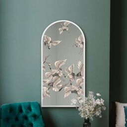 "MirrorOutlet The Typis - White Metal Frame Edged Modern Round Arch Edge Wall Mirror With Colour Stork Printed Decal 47"" x 24"" (120CM X 60CM) Silver Mirror Glass with White Frame"