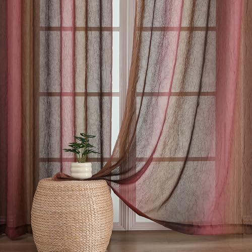"OWENIE Ombre Sheer Curtains for Bedroom Living Room 84 Inches Long 2 Panels - Gradient Soft Airy Light Filtering Crinkle Crushed Semi Sheer Printed Curtains Rod Pocket, (42"" W x 84"" L, Pink/Brown)"