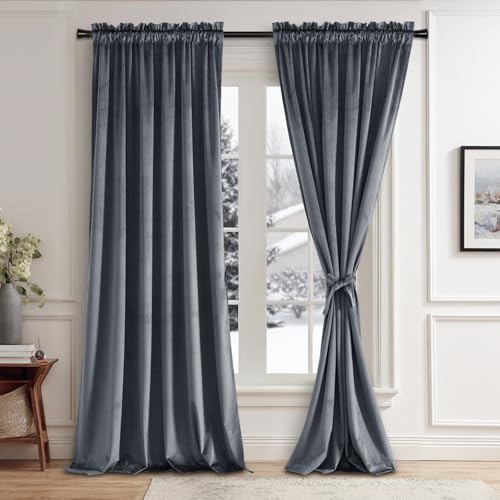 JIUZHEN Dark Grey Velvet Curtains 108 inches for Living Room Thermal Insulated Light Blocking Window Drapes for Bedroom/Dining Room, Set of 2 Panels, W52 x L108 inches, Dark Grey