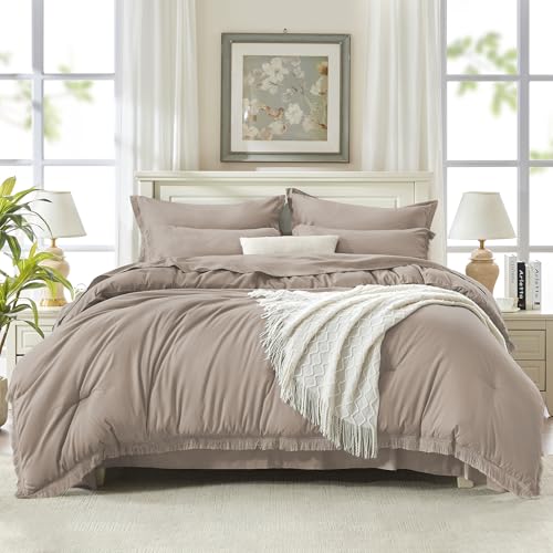 Andency Full Size Comforter Set Khaki -7 Pieces Boho Tassel Bed in a Bag Soft Lightweight Bedding Sets, Rust Fringe All Season Bed Set with Comforter, Sheets, Pillowcases & Shams