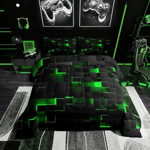Erosebridal Black Green Comforter Set Queen Neon Geometric Checkered Bedding Set for Kids Boys Gaming Room Decor,Teen Men Abstract Stereoscopic Grids Quilt Square Plaid Check Bed Set 3 Pcs
