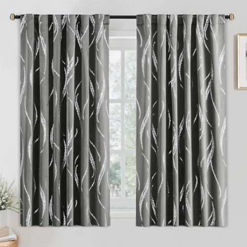Yakamok Blackout Curtains 63 inch Length Living Room Thermal Insulated Silver Wave Line Dots Pattern Curtains Room Darkening Back Tab Curtains for Bedroom, Grey, W52 x L63-inch, 2 Panels