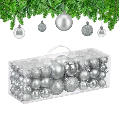 Relaxdays Christmas Baubles, Set of 76, Tree Ornaments, Holiday Decorations, Plastic, Glittery, Matte & Shiny, Silver, 3 Sizes