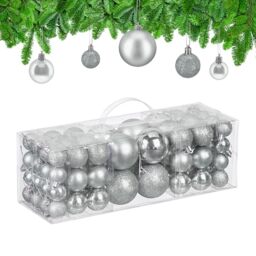 Relaxdays Christmas Baubles, Set of 76, Tree Ornaments, Holiday Decorations, Plastic, Glittery, Matte & Shiny, Silver, 3 Sizes
