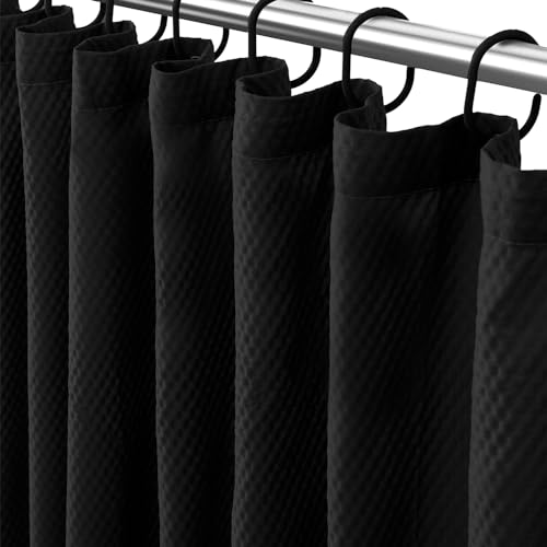 Eazzier Bath Black Shower Curtain Or Liner, Waffle Shower Curtain Set with Hooks, Fabric Shower Curtain with Waffle Weave, Bathroom Shower Curtains, Hotel Quality, 72 x 72 Inches