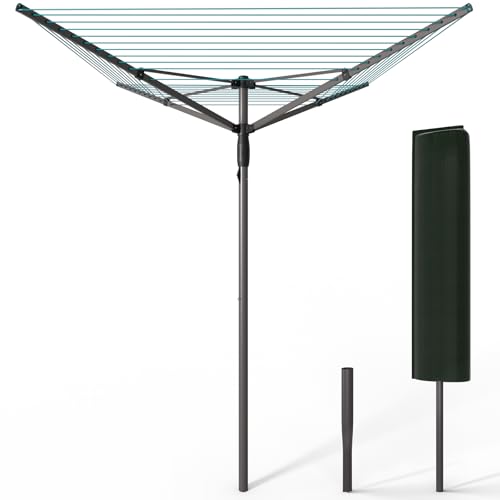 VOUNOT?? 45m 4 Arm Rotary Washing Line with Cover & Metal Ground Spike, Heavy Duty Foldable Outdoor Clothes Airer, Whirligig Rotary Dryer for Garden, Grey