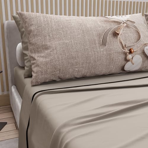 PETTI Artigiani Italiani - Double Bed Sheets Cotton with Pillowcases in Digital Print, Double Bed Sheet 331 Pattern Light Mud, 100% Made in Italy