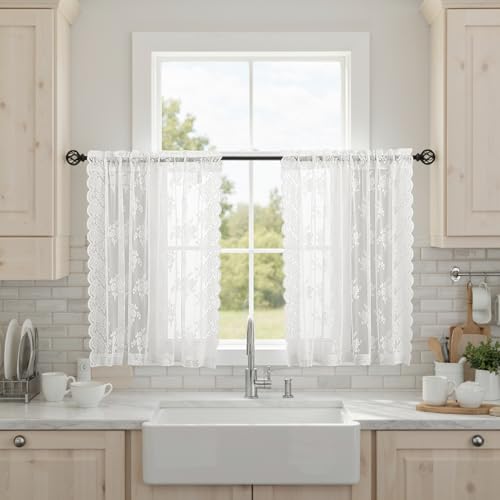 Kotile 30 Inch Lace Curtains Short 2 Panels Set, Country Rustic Floral Scalloped Lace Kitchen Window Curtains Over Sink, Rod Pocket Privacy Sheer Lace Caf?? Curtains, Each 52 x 30 Inch, Ivory