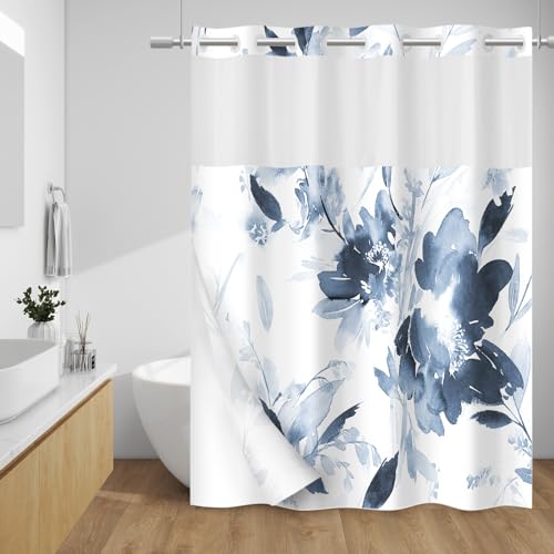 WITHLOC No Hook Shower Curtain with Snap in Liner - Floral Shower Curtain - Fabric Waterproof Inner Liner, Plants Navy Blue Extra Long Modern Cloth Shower Curtains - Machine Washable, 71 x 86