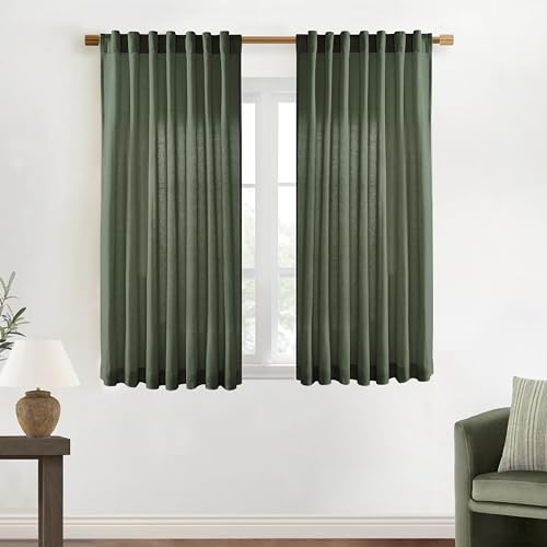 XTMYI Short Curtains for Bathroom Window Dark Olive Green Boho Bathroom Decor Shower Sheer Linen Kitchen Curtains 45 Inch Length