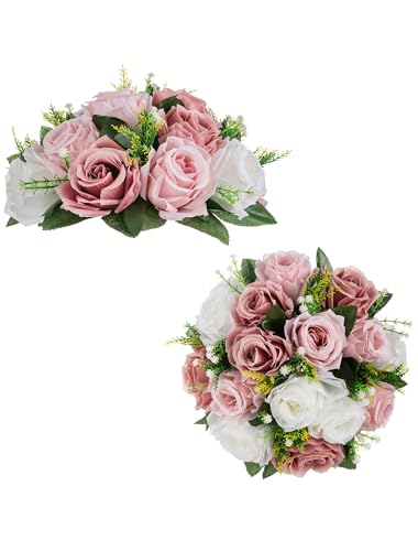 BLOSMON Flower Centerpieces for Tables Wedding 2 Pcs Fake Flowers Rose Arrangement Bouquet Floral Centerpiece Balls Dusty Rose Artificial Wedding Center Pieces of Valentines Day Home Party Decor