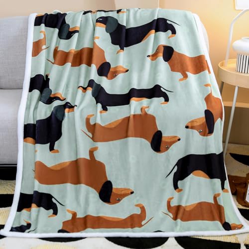 Famitile Dachshund Blanket, Soft Sherpa Flannel Dachshunds Throw Blanket Warm Cozy Fleece Blanket Cute Cartoon Fuzzy Dachshund Blanket for Kids and Adults