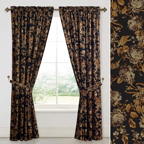StangH Gold Velvet Curtains Retro Floral Printed Drapes 108 Inch 2 Panels - 300GSM Soft Velvet, Moody Gothic, Botanical Pattern, Thermal Insulated, Enhanced Privacy, Back Tab, Home Office, Bedroom