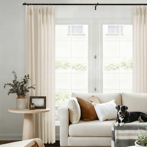 Cream Beige Pinch Pleated Linen Curtains 84 Inches Long for Living Room Flax Pleat Drapes with Hooks Rings Back Tab Farmhouse Boho Light Filtering Semi Sheer Curtains for Dining Bedroom Oatmeal Sand