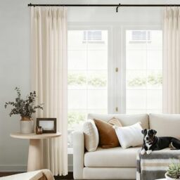 Cream Beige Pinch Pleated Linen Curtains 84 Inches Long for Living Room Flax Pleat Drapes with Hooks Rings Back Tab Farmhouse Boho Light Filtering Semi Sheer Curtains for Dining Bedroom Oatmeal Sand