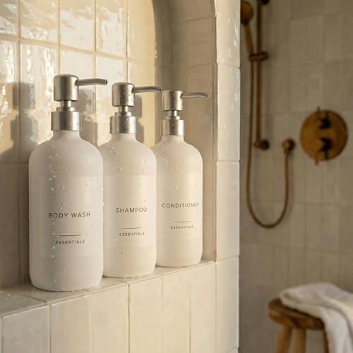 KIBAGA Stylish Shampoo and Conditioner Dispenser Set of 3-21oz Shower Soap Bottles with Pump Labels Easy to Refill Body Wash Dispensers for an Instant Bathroom D??cor, White (kiba-shampoo-w_23-043b)