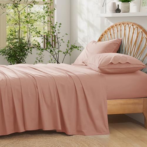 "Entisn Pure Cotton Sheets Twin 3-Pc Set, 400TC, 16"" Pocket, Dusty Pink - Breathable Year-Round Comfort, Snug Fit with Full Elastic, Machine Washable for Easy Care, Soft Feel Gentle on Skin"