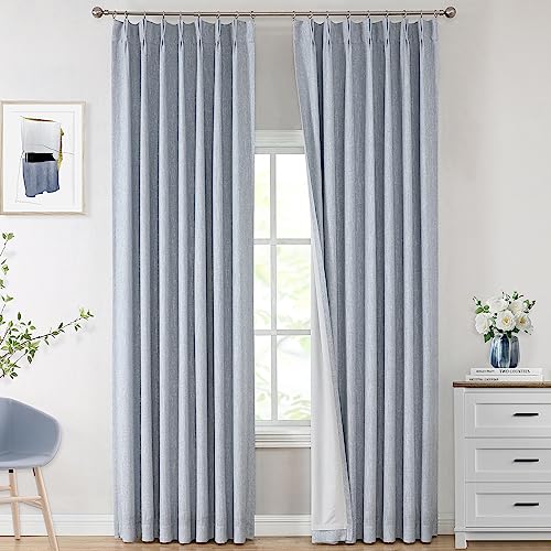 "Vision Home Chambray Blue Pinch Pleated Full Blackout Curtains Room Darkening Window Curtains for Living Room Bedroom Thermal Insulated Pinch Pleat Blue Drapes with Hooks Back Tab 2 Panel 40"" Wx108 L"