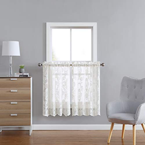 LinenZone Lace Kitchen Curtains. Lace Window Treatment for Kitchen or Small Window. Tiers Can Be Combined with Matching Swags or Valance for a Charming Farmhouse Look. (Fiona 30 x 24 Ivory)