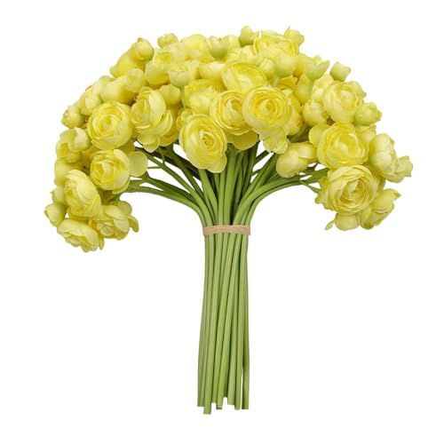 Meldel 32Pcs Ranunculus Artificial Flower, Faux Yellow Ranunculus Flowers for DIY Bouquet, Bulk Fake Peony Wedding Filler Flowers for Centerpieces Arrangements Bridal Shower Decorations