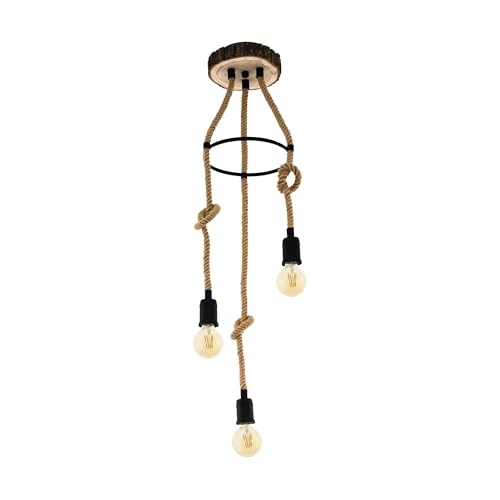 EGLO Rampside Pendant Light, 3-Bulb Pendant Lamp, Vintage, Industrial, Retro, Pendant Light Made of Steel and Natural Rope in Black, Natural, Dining Table Lamp, Living Room Lamp, Hanging with E27