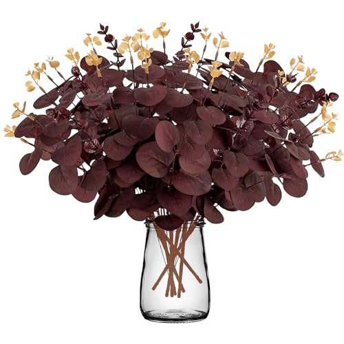 Yen Jean 20Pcs Burgundy Halloween Decor Artificial Flowers Bulk - Fall Dark Red Eucalyptus Stems Branches Christmas Decorations for Table Indoor Centerpieces