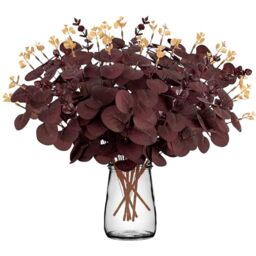 Yen Jean 20Pcs Burgundy Halloween Decor Artificial Flowers Bulk - Fall Dark Red Eucalyptus Stems Branches Christmas Decorations for Table Indoor Centerpieces