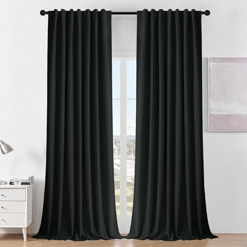 "Joydeco Blackout Curtains for Bedroom 84 inch Length,Back Tab/Rod Pocket 100% Blackout Living Room Drapes, Textured Thermal Insulated Blackout Curtains 2 Panels Set,52"" W x 84"" L,Black"